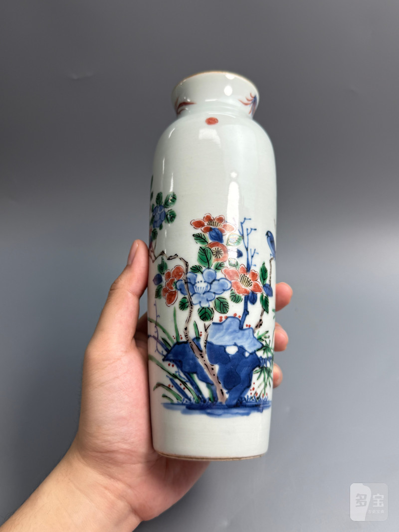 清顺治  青花五彩花鸟纹筒瓶 - 图4